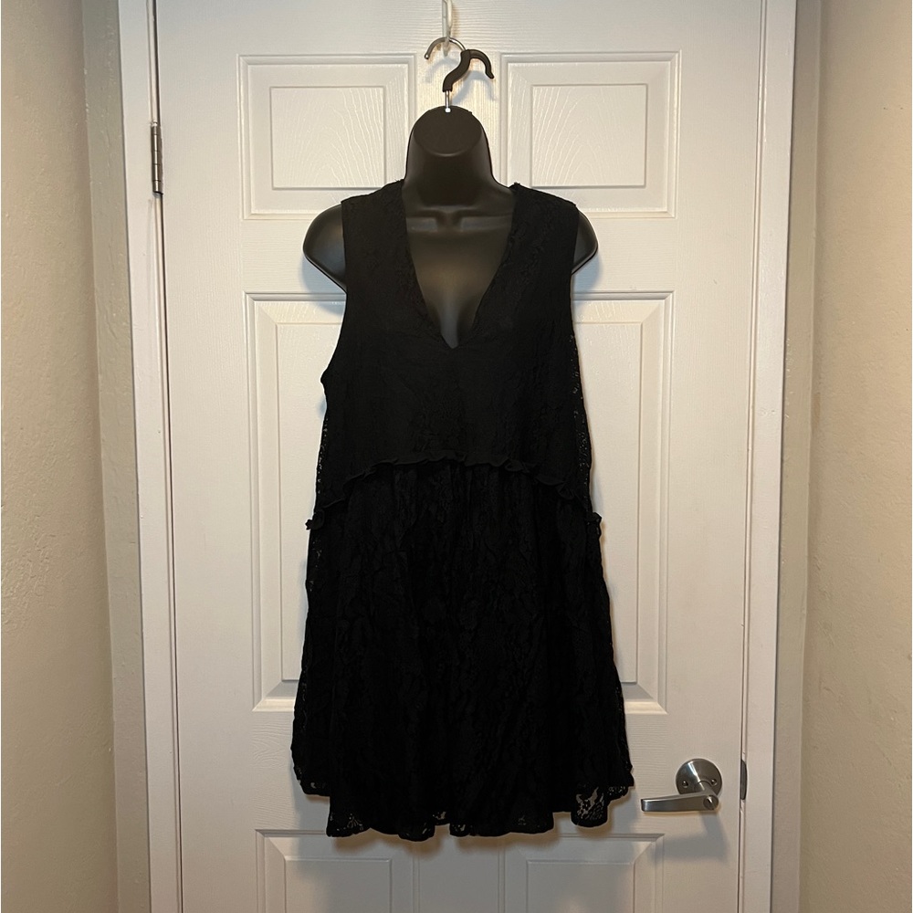 Black Lace Trapeze Babydoll Mini Dress Ruffle Relaxed Asos US8